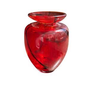 Signed art glass red gold swirl bud vase 5” murano style